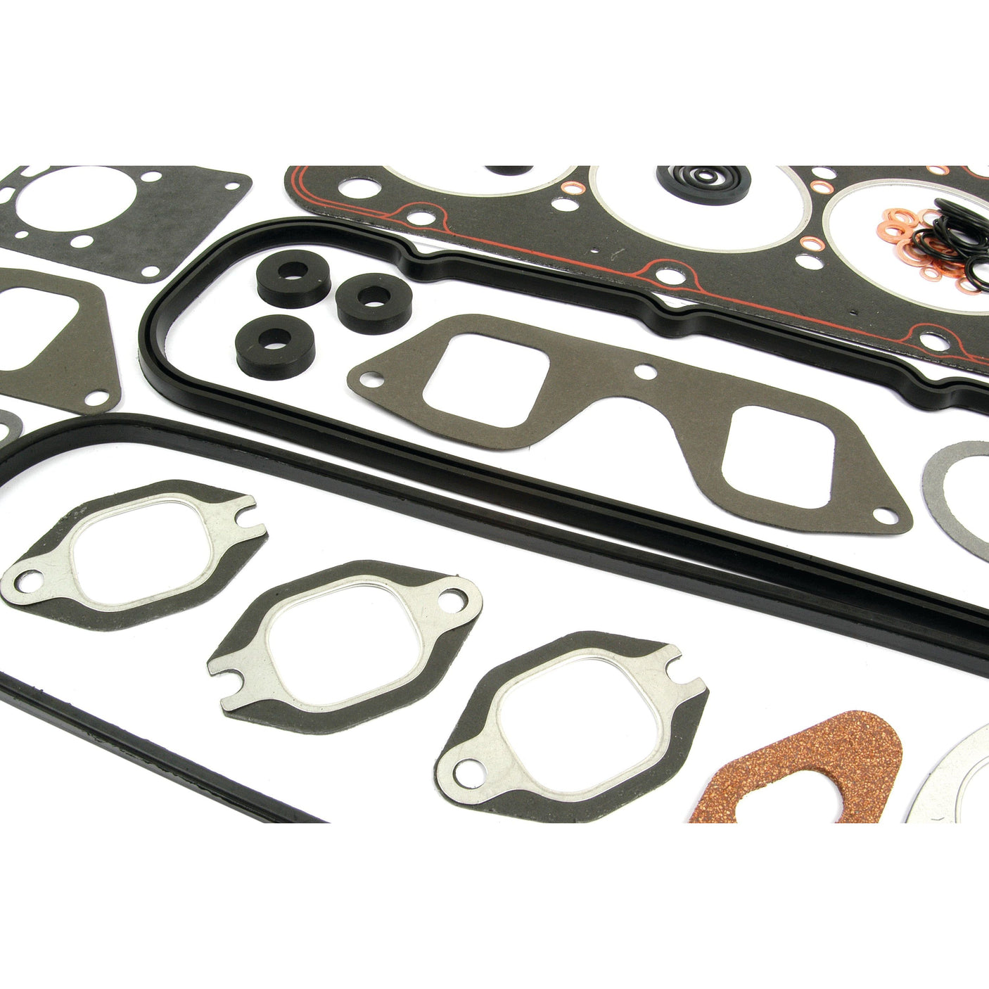 A collection of various automotive gaskets and seals, including a Sparex Top Gasket Set - 3 Cyl. (8035.02) | Sparex Part No.S.62077, arranged on a white surface.