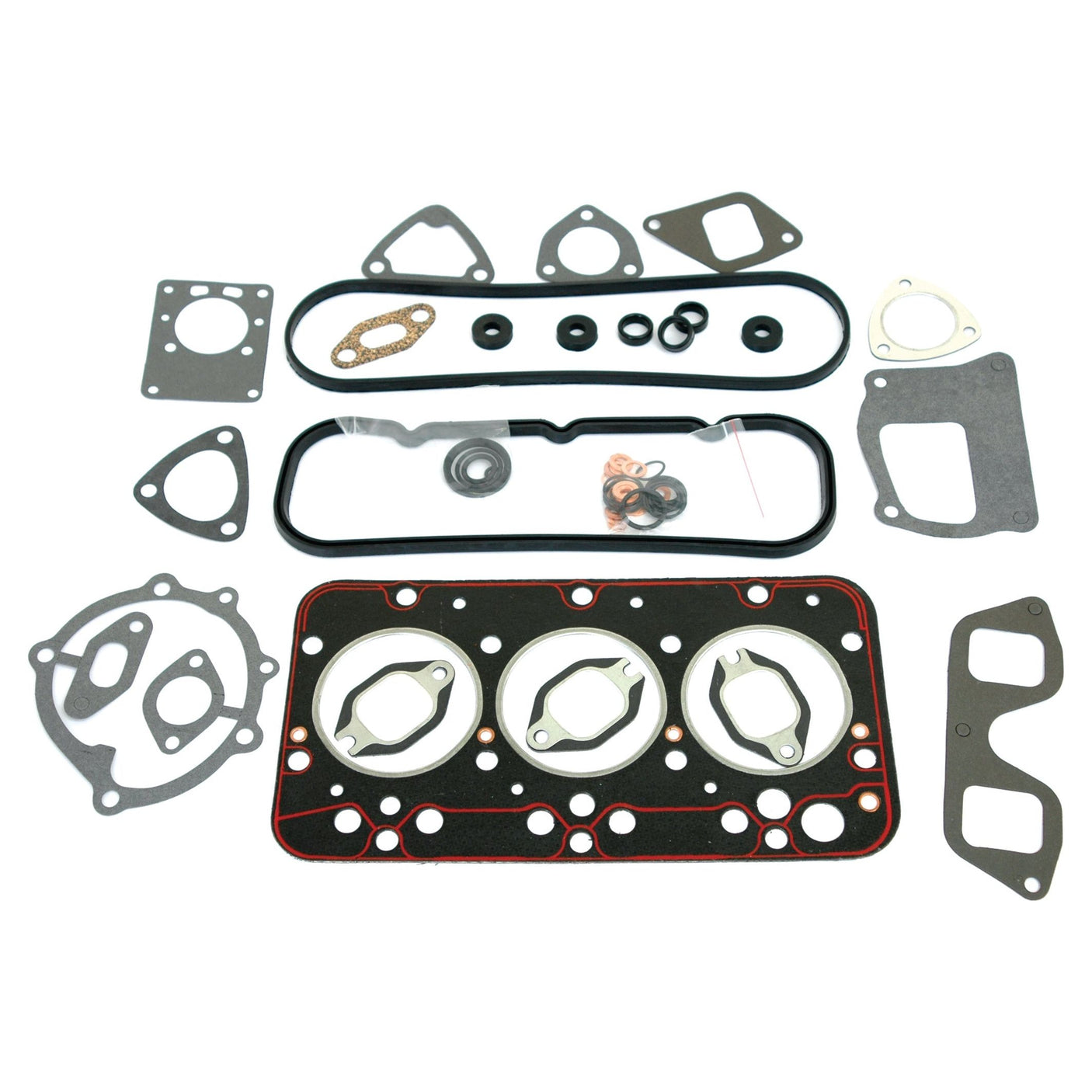 A Top Gasket Set - 3 Cyl. (8035.01), carefully laid out on a white background, showcasing an array of high-quality gaskets and seals for an engine. This complete set by Sparex, identified as Part No.S.62079, features a head gasket suited for a 3-cylinder engine, along with various gaskets of different shapes and sizes, O-rings, and metallic washers. Perfect for those in search of reliable parts from the reputable brand Sparex.