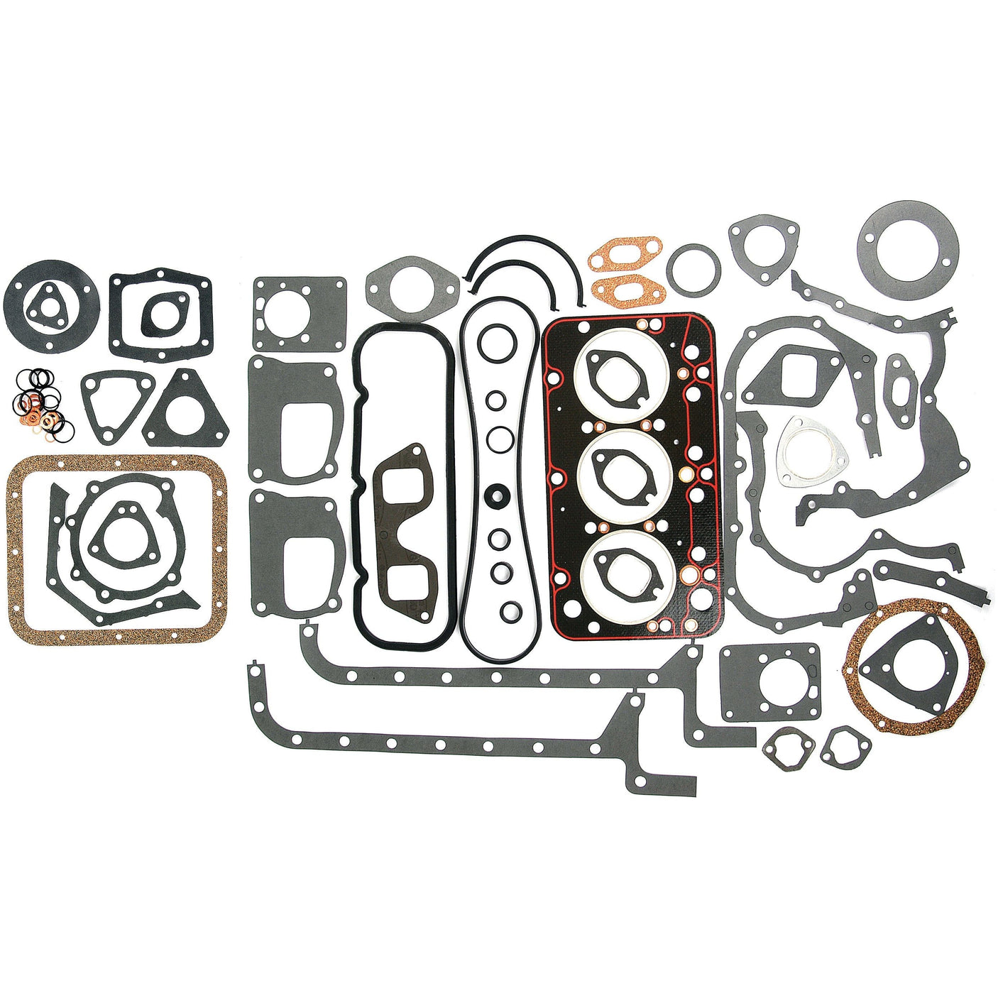 A neatly arranged collection of various gaskets and seals of different shapes and sizes, featuring the Sparex Complete Gasket Set - 3 Cyl. (8035.02, 8035.06) with a Bore Ø (mm) of 100, displayed on a white background.