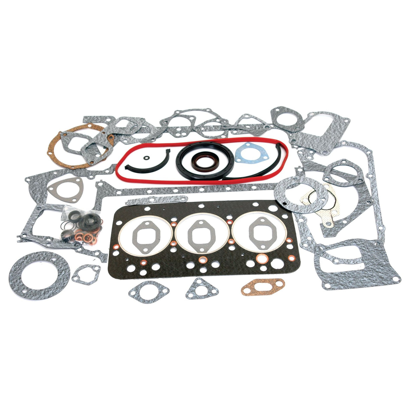 Various automotive gaskets and seals, featuring circular and rectangular shapes, from the Sparex Complete Gasket Set - 3 Cyl. (8035.04, 8035.05), laid out on a white surface.