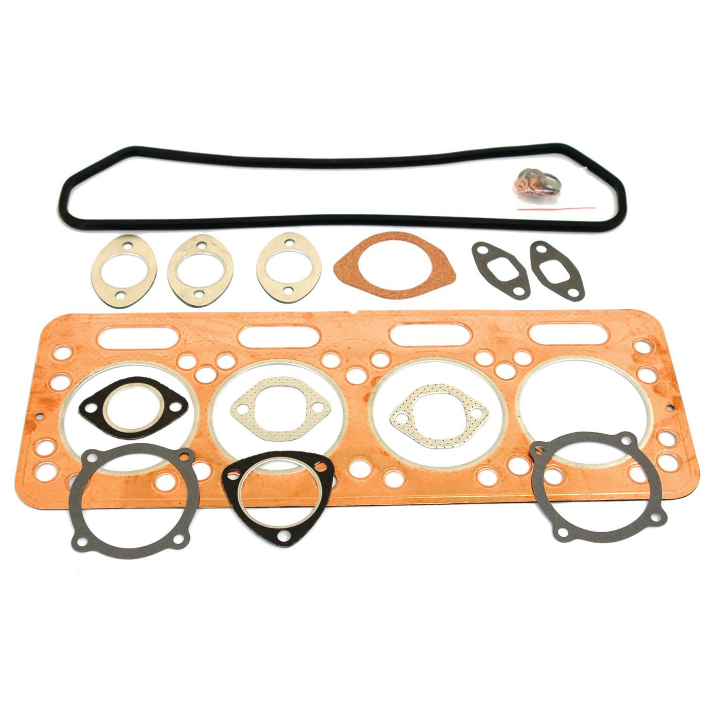 The Top Gasket Set - 4 Cyl. (OMCO3) by Sparex (Part No. S.62088) for a Fiat engine, features a large copper head gasket specifically designed for 4-cylinder models, along with various smaller gaskets and O-rings, all arranged on a white background.