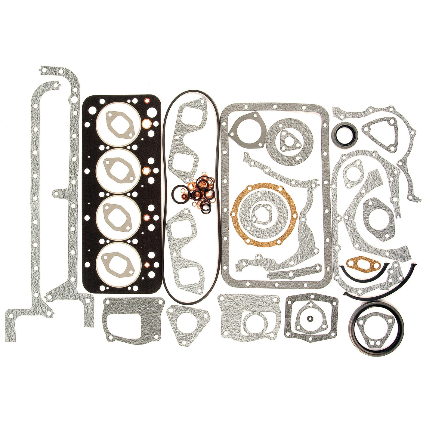 A variety of engine gasket and seal components of different shapes and sizes, laid out on a white background in an organized manner, showcasing the Sparex Complete Gasket Set - 4 Cyl. (8045.04) | Sparex Part No.S.62089.