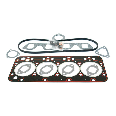 A collection of automotive gaskets and seals, including a head gasket, intake manifold gasket, and other small gaskets and seals for a 4-cylinder engine, arranged on a white background. This Top Gasket Set - 4 Cyl. (8045.04), identified as Sparex Part No.S.62090 by the brand Sparex, is designed specifically for Fiat engines.