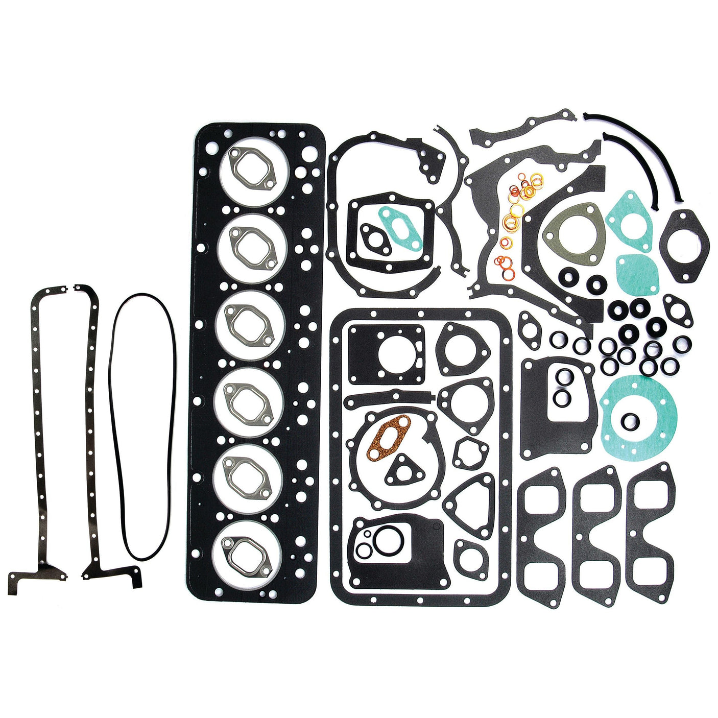 The Complete Gasket Set - 6 Cyl. (8065.02) by Sparex, Sparex Part No. S.62093, is a meticulously arranged collection that includes head gaskets, valve cover gaskets, and other essential sealing components. This set is perfect for servicing a Fiat 1000 or any 6 cylinder engine.