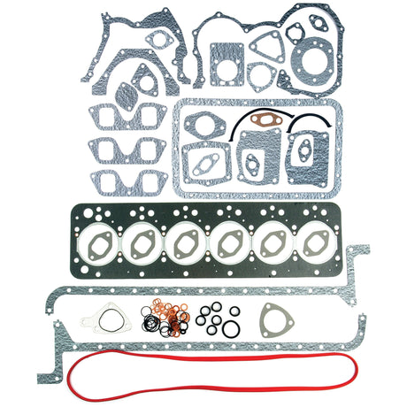 Complete Gasket Set - 6 Cyl. (8065.04) from Sparex, featuring assorted car engine gaskets and seals such as head gaskets, valve cover gaskets, O-rings, and a red rubber gasket, arranged on a white background—a comprehensive gasket set for Fiat 1000 6 Cyl. engines (Sparex Part No.S.62096).