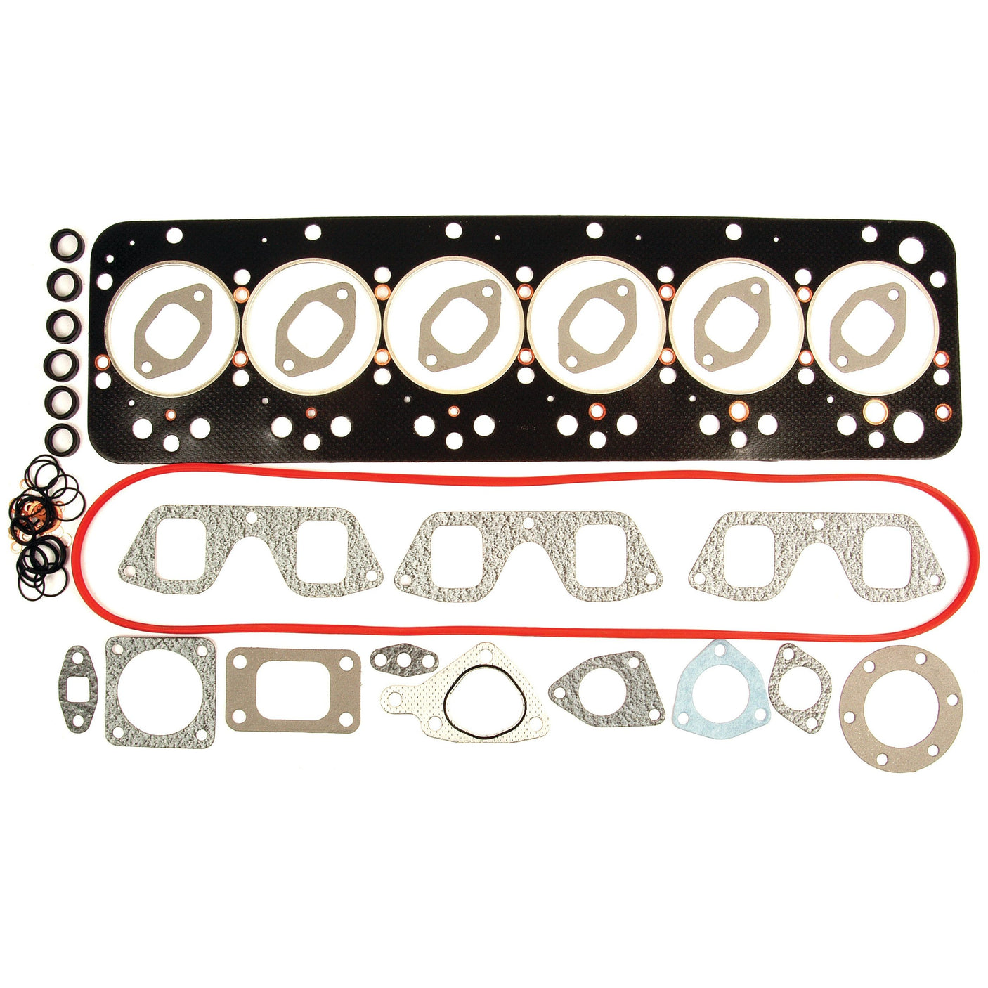 Introducing the Sparex Top Gasket Set - 6 Cyl. (8065.04) | Sparex Part No.S.62097, designed for a Fiat 1000. This comprehensive set includes a head gasket, exhaust manifold gaskets, and multiple O-rings, all meticulously arranged on a white background for easy identification and perfectly suited for a 6 Cylinder Engine.