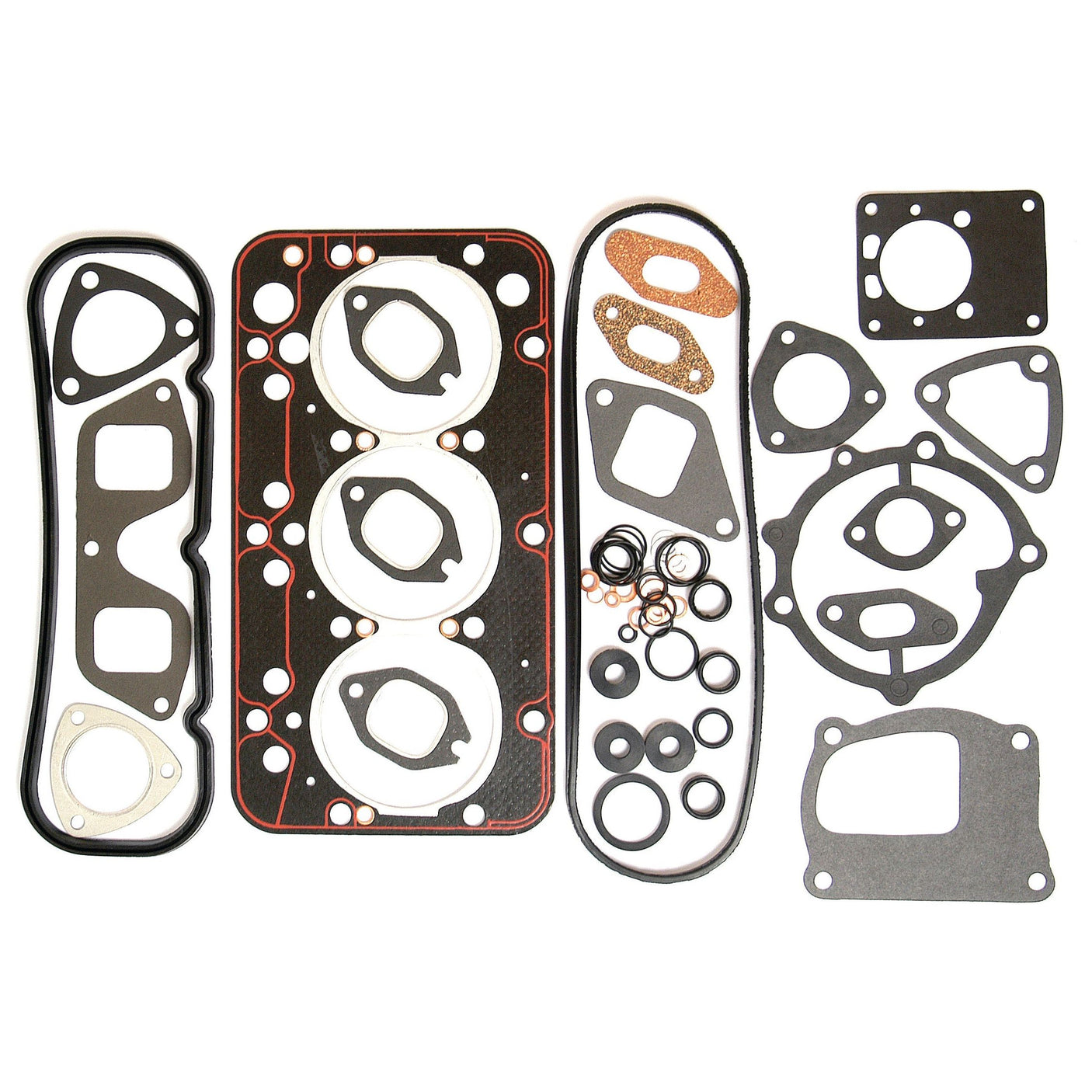 A comprehensive Sparex Top Gasket Set (Sparex Part No. S.62102) for a 3-cylinder engine, featuring an assortment of automotive gaskets and seals laid out on a white background, including head gaskets, manifold gaskets, and O-rings, suitable for Fiat / Ford models (8035.04, 8035.05, 8035.06, 8045.05).