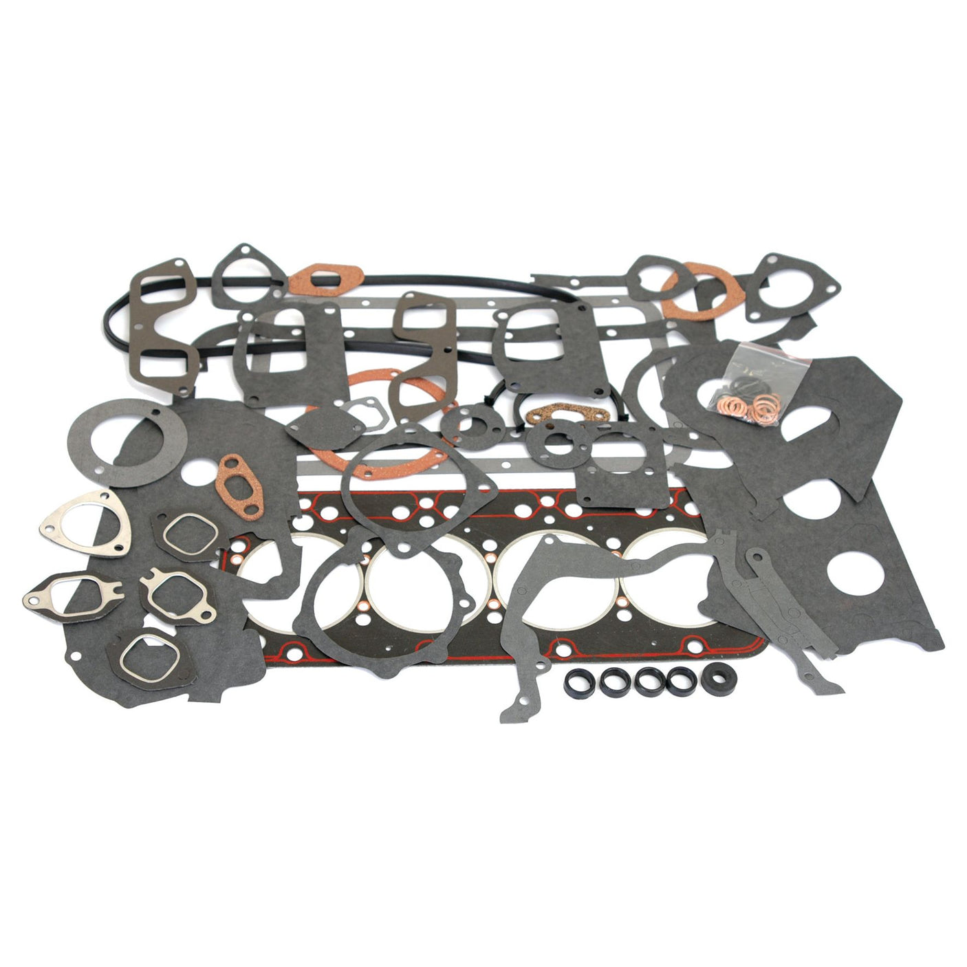 A comprehensive assortment of various automotive gaskets and seals, featuring components suitable for Case IH, meticulously arranged on a white background. The items come in diverse shapes and sizes, ensuring they are ideal for different engine parts and functions. Notably included is the Complete Gasket Set for the Engine Model 8045.05 cylinder (Sparex Part No.S.62105) from Sparex.