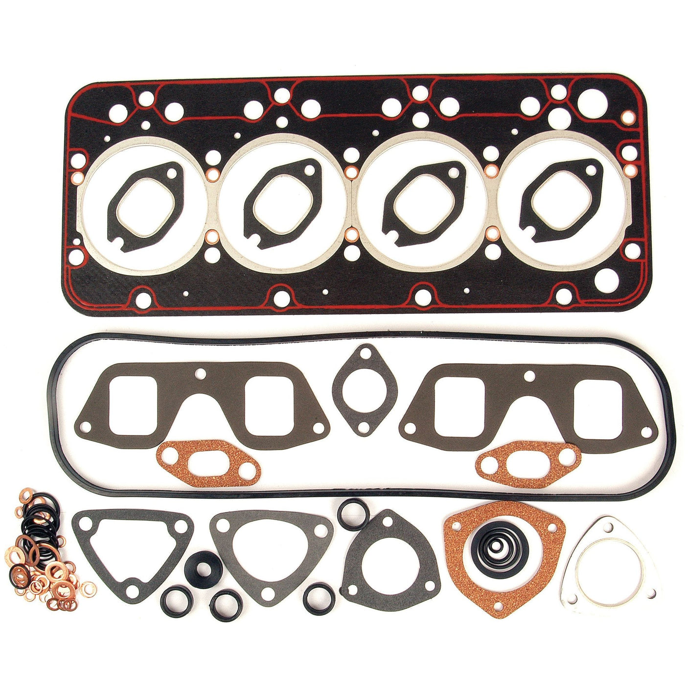 A meticulously organized set of various automotive gaskets and seals is laid out, including head gaskets, exhaust gaskets, intake gaskets, and O-rings—perfect for a 4-cylinder Fiat engine. Introducing the Sparex Top Gasket Set - 4 Cyl. (8045.05, 8045.05, 8045.06, 8045.06, 8045.25), Part No.S.62106 for your complete top gasket needs.
