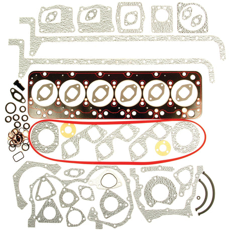 Introducing the Sparex Complete Gasket Set - 6 Cyl. (8065.06), meticulously arranged in an organized pattern, containing a variety of gaskets in different shapes and sizes, designed specifically to fit a Fiat 100-90 with a 6-cylinder engine, available under Sparex Part No. S.62109.