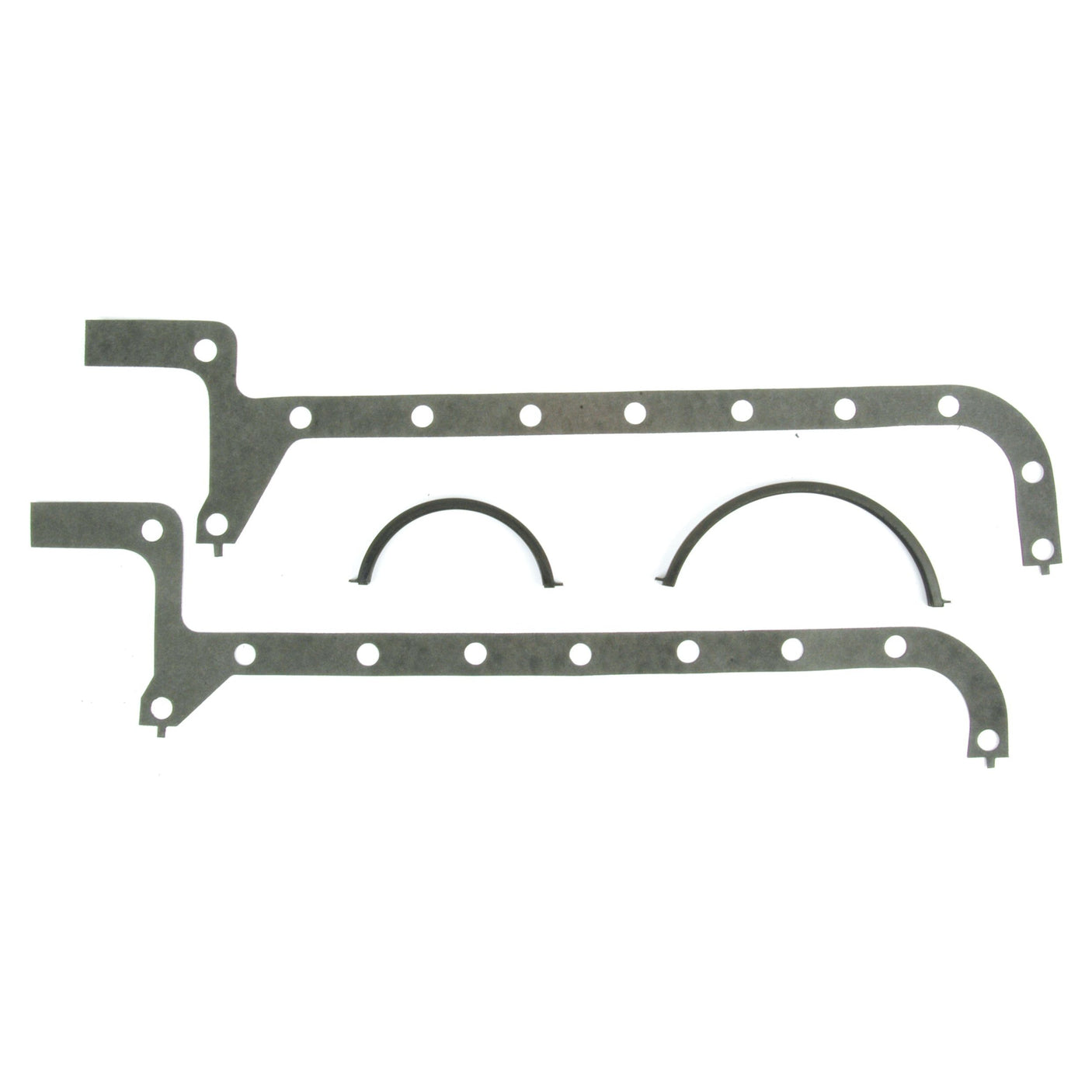 The Sump Gasket - 3 Cyl. by Sparex (Part No.S.62113) set includes two long, perforated metal strips and two arched rubber pieces, specifically designed for a 3-cylinder engine, shown on a white background.