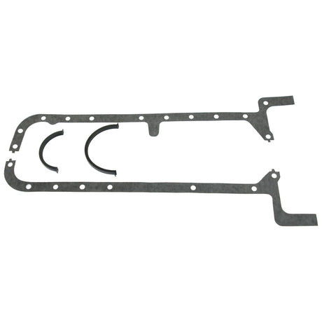 A flat, black Sump Gasket for a 4-cylinder Fiat engine by Sparex, featuring a wavy strip and multiple bolt holes, with two curved pieces positioned in the center.