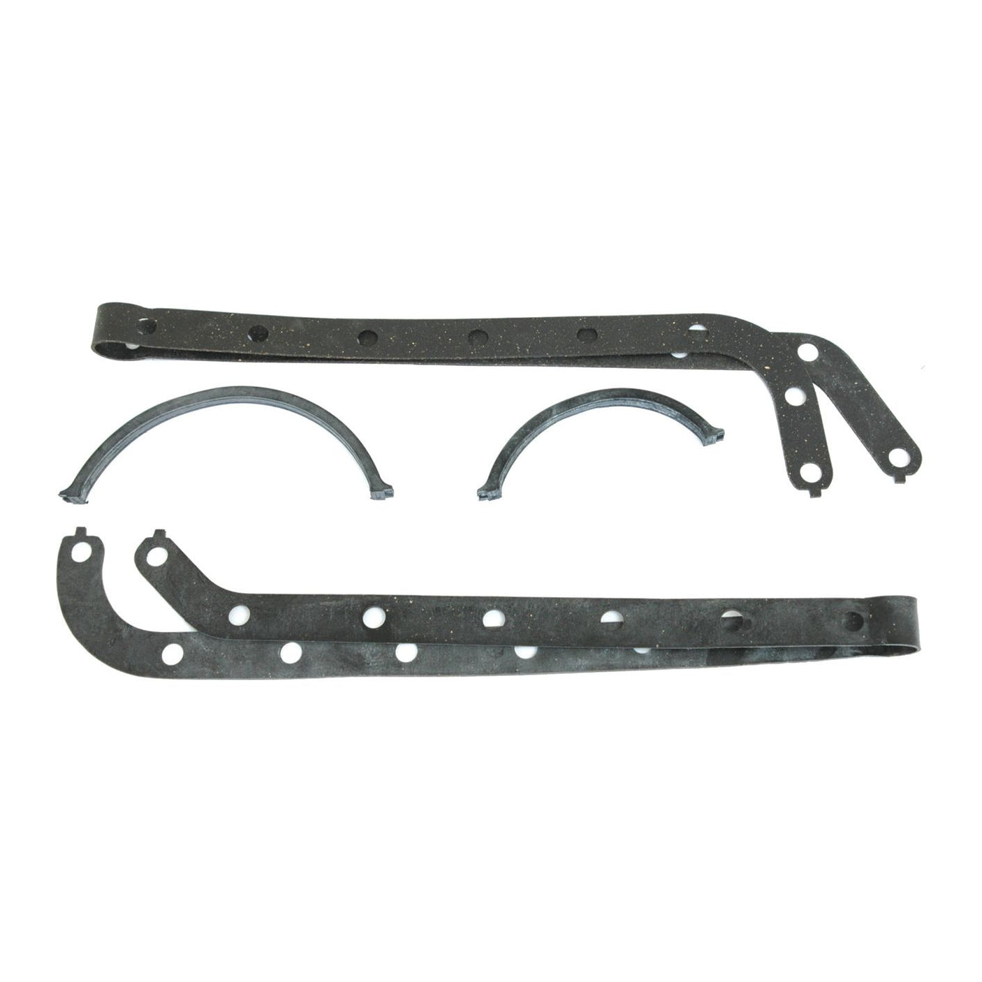 Two long black metal brackets with holes and two semi-circular black metal pieces, arranged on a white background, reminiscent of durable components from a Sparex Sump Gasket - 6 Cyl. (PowerStar 7.5T, BSD666TI, 8065.05 ).