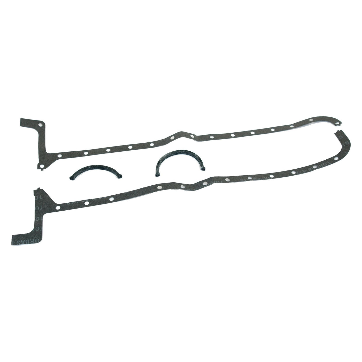 Sparex's Sump Gasket - 6 Cyl. (8065.01, 8065.02, 8065.05, 8065.06, 8065.04, 8065.05, 8065.06, 8065.02, 8065.05, 8065.05) | Sparex Part No.S.62116 is a black gasket specifically designed for a Fiat Engine and features an array of holes along its length along with two semicircular sections in the middle; it is presented on a white background and ideal for use as a sump gasket in six-cylinder models.
