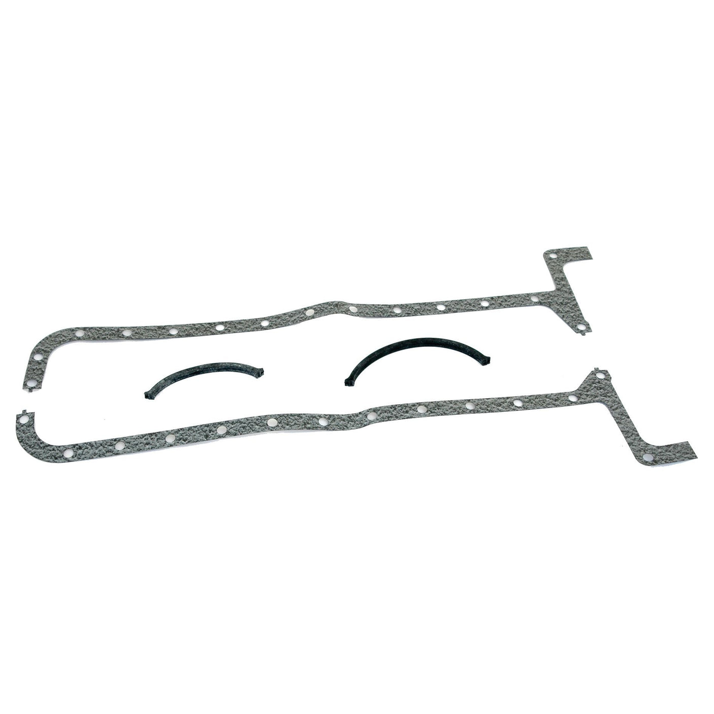 A set of four automotive gaskets, including the Sparex Sump Gasket - 5 Cyl. (8055.05) | Sparex Part No.S.62117, arranged on a white background with two long, intricate fibre parts featuring rubber end seals and two shorter, curved parts.