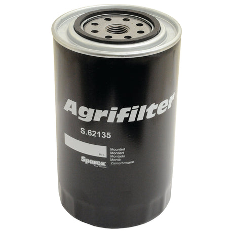 A black cylindrical oil filter labeled "Oil Filter - Spin On | Sparex Part No. S.62135" with mounting instructions printed in multiple languages on the side, designed for Allis Chalmers 5040 tractors.