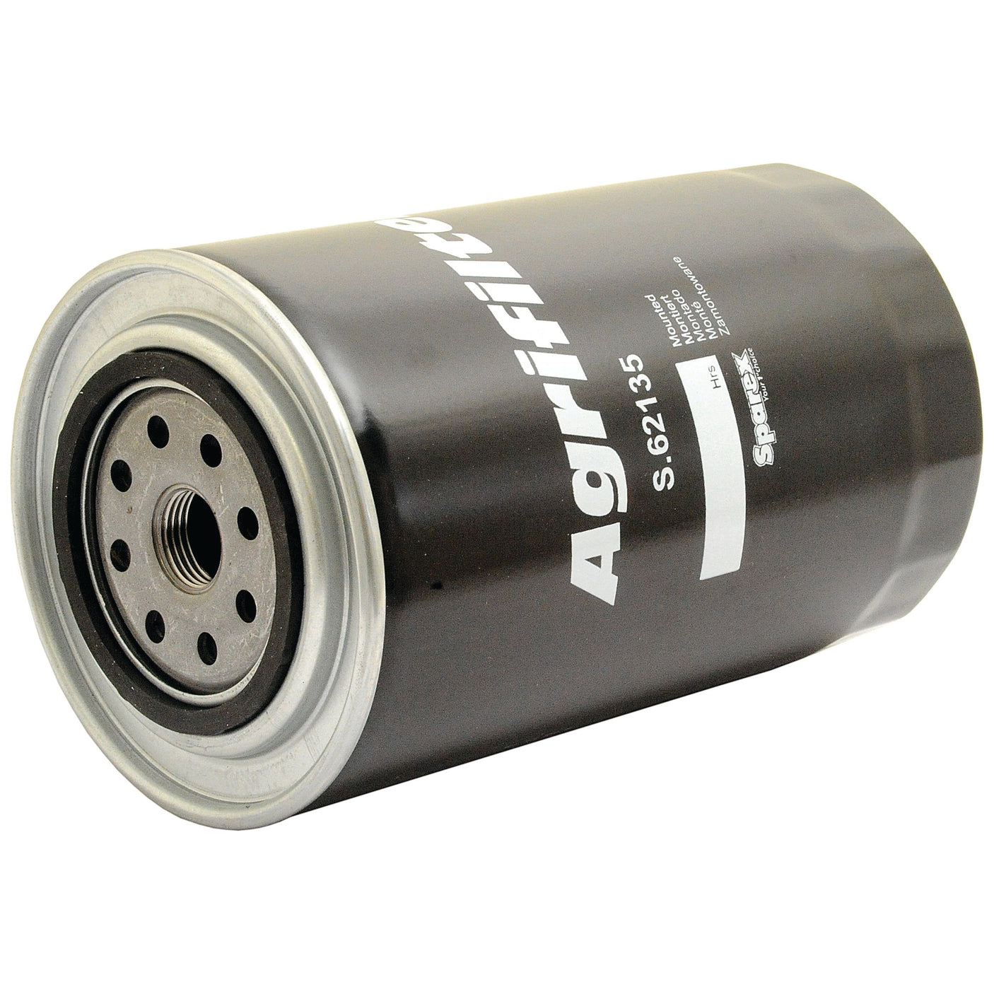 A black cylindrical spin-on oil filter, labeled "Sparex" and "S.62135," ideal for Allis Chalmers 5040 tractors, brought to you by Sparex (Oil Filter - Spin On).