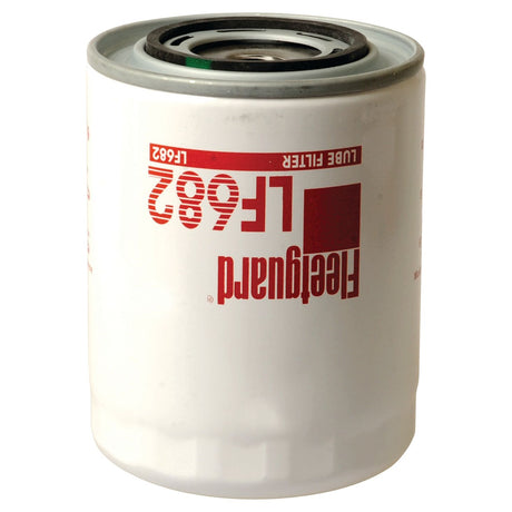 The Sparex Oil Filter - Spin On - LF682 (Sparex Part No.S.62136) features a white cylindrical shape with red text and the model number LF682 printed on the side. This high-quality Fleetguard oil filter ensures optimal performance for your engine.