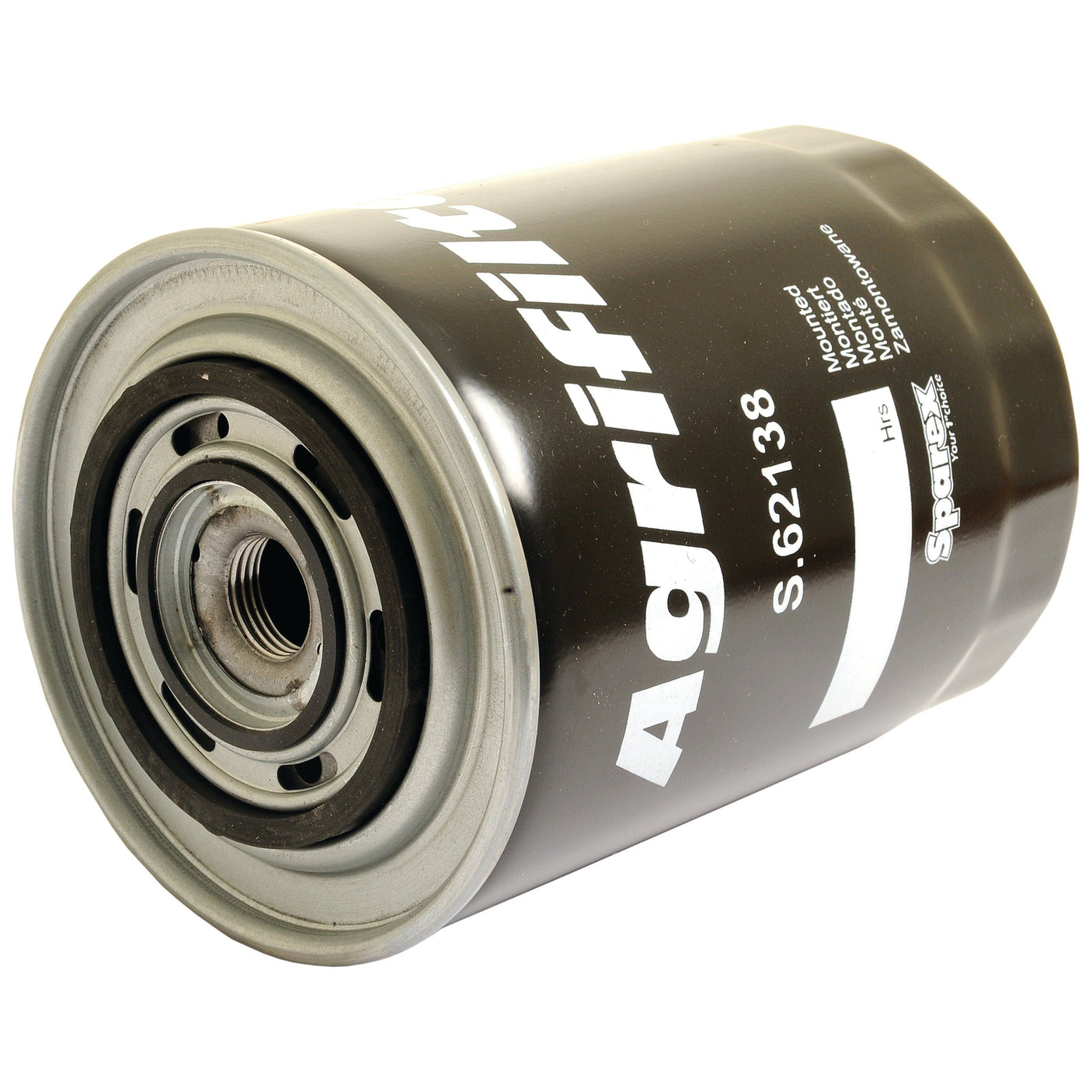 A close-up of a cylindrical Sparex Oil Filter - Spin On (Part No. S.62138) with "Agrifilter" printed on it. The oil filter is silver and black, featuring an Anti-Drain design and a threaded hole on one end.