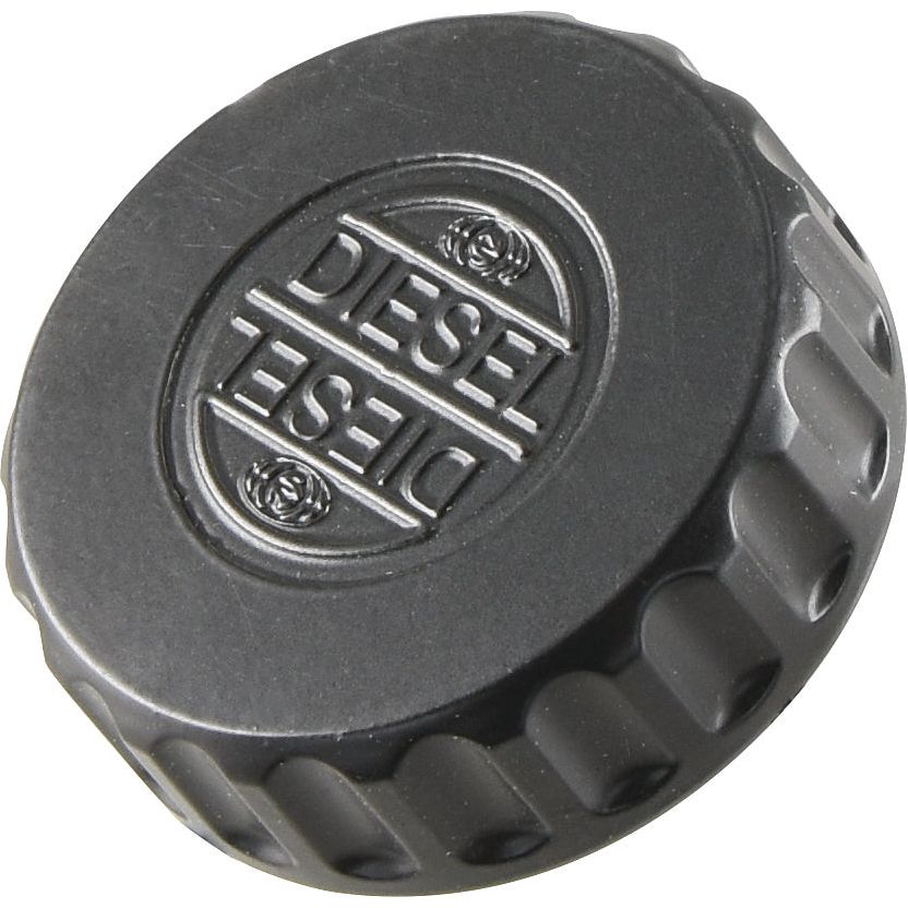 A Sparex Fuel Cap - S.62148 in black, featuring vents and the word "DIESEL" engraved on top, accompanied by two circular designs.