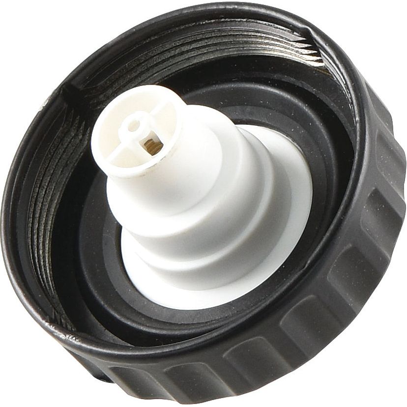 The Sparex Fuel Cap - S.62148 is a black and white plastic cap featuring a built-in nozzle, vented design, and threaded interior.