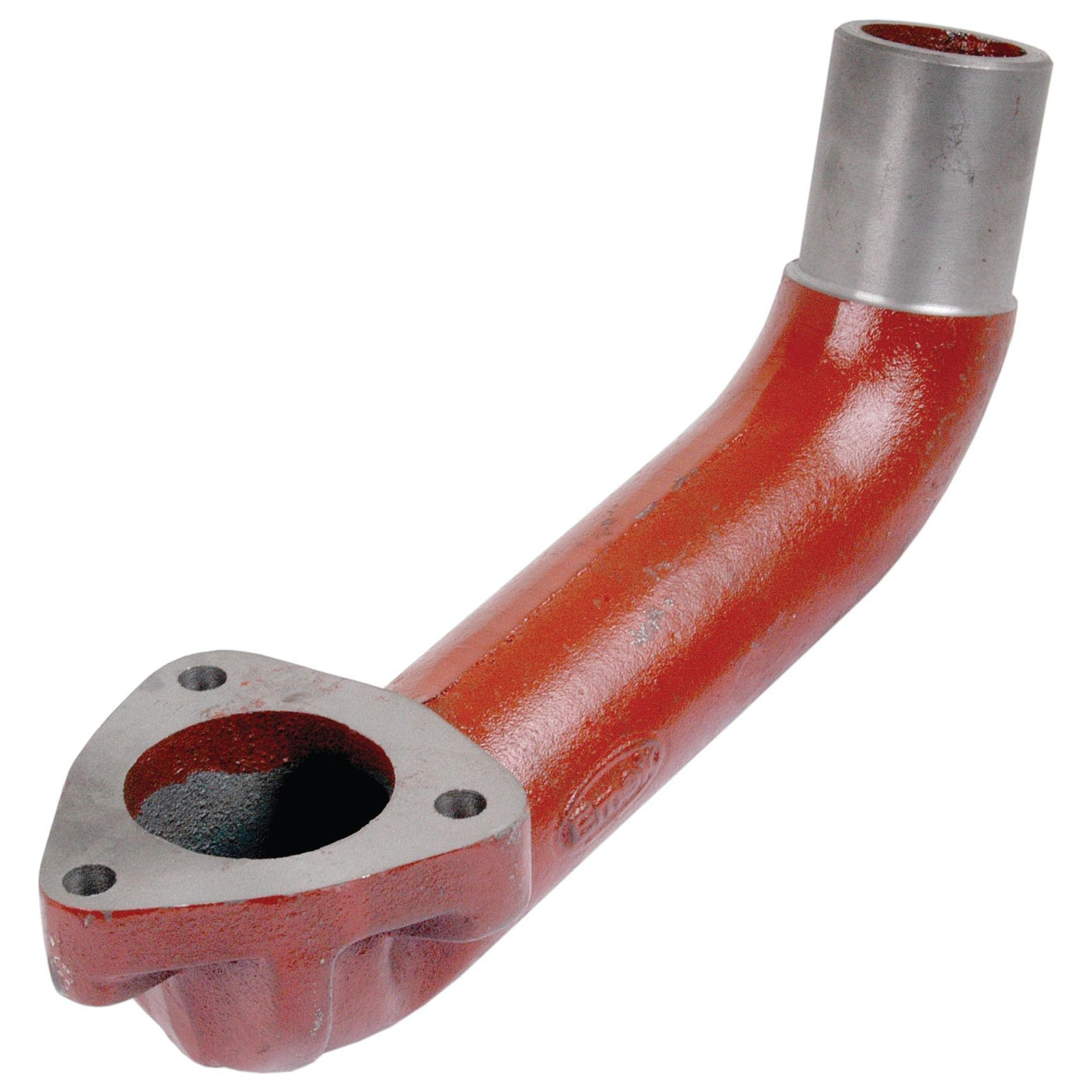 A metal Exhaust Elbow from Sparex (Part No. S.62150), featuring a red, L-shaped design with a circular flange on one end and a cylindrical extension on the other, similar to those typically found in Allis Chalmers machinery.