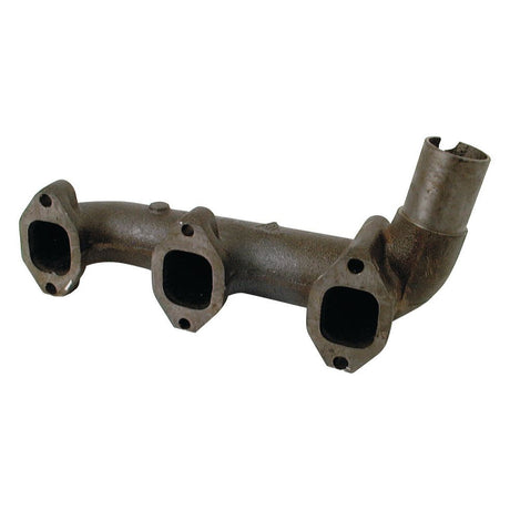 The Sparex Exhaust Manifold (3 Cyl.) - Part No. S.62155 is an industrial metal exhaust manifold designed for the Fiat 55-90, featuring three rectangular openings and one circular pipe extending outward, suitable for a 3-cylinder engine configuration.