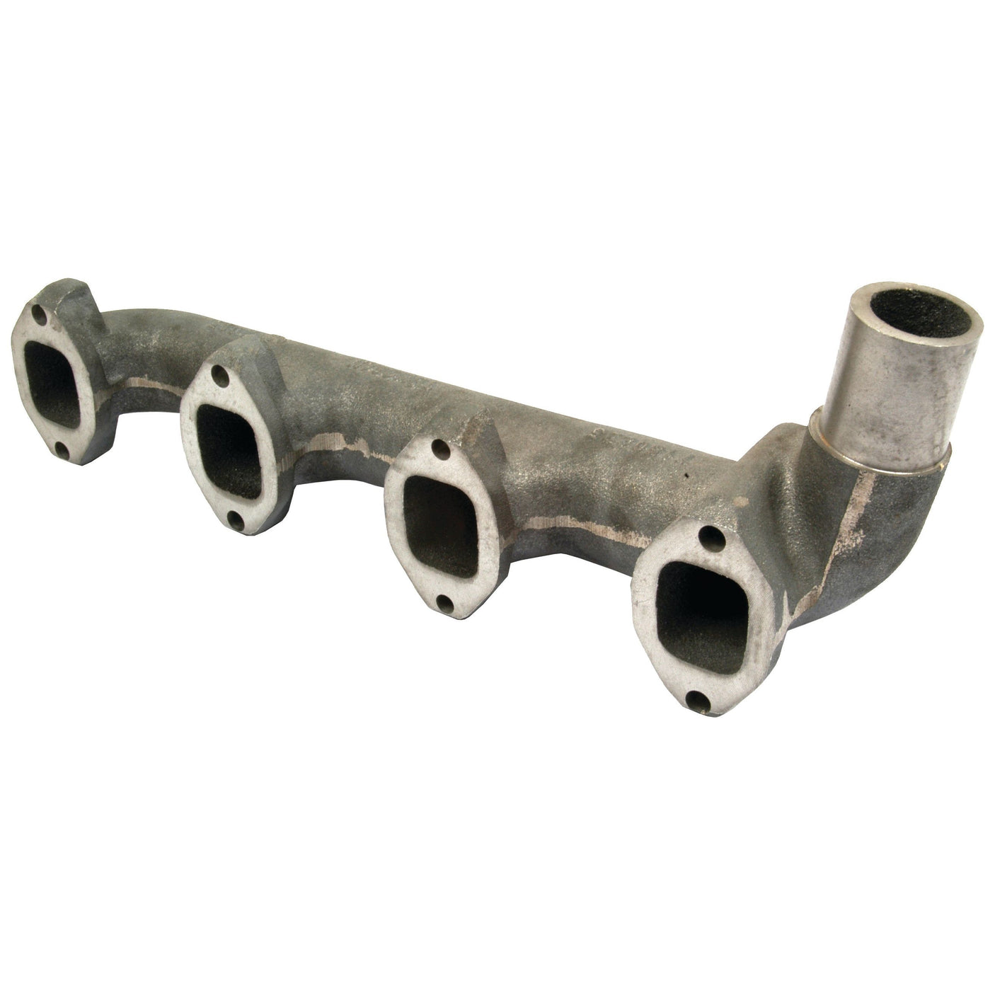 The Exhaust Manifold (4 Cyl.) by Sparex, part number S.62156, is a metal component designed for Fiat 65-90 and White Oliver 700 tractors. It features four rectangular ports and one cylindrical outlet.