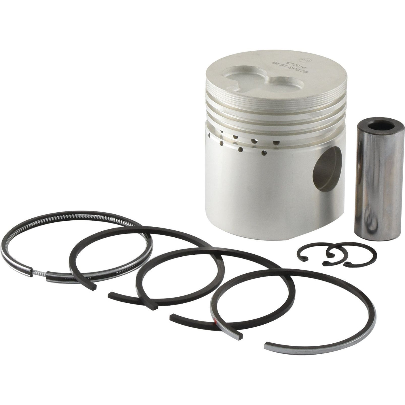 A Sparex Piston & Ring Set (Part No. S.62172) from a Fiat 411R, complete with assembly components including piston rings, a wrist pin, and Sparex circlips, arranged on a white background.