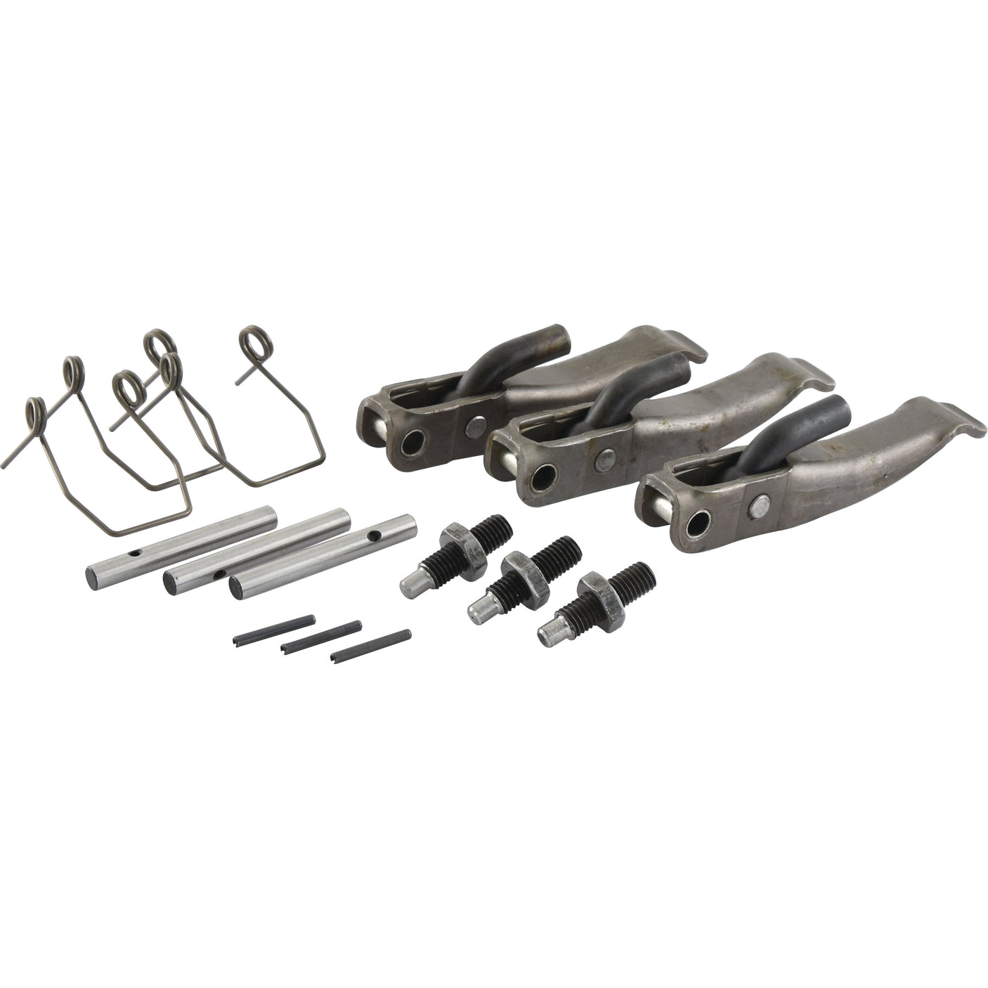 Mechanical components laid out, including three metal clamps with levers, two pairs of springs, four cylindrical rods, four small pins, and two sets of threaded fasteners—ideal for use in the Sparex Clutch Finger (Sparex Part No.S.62177).