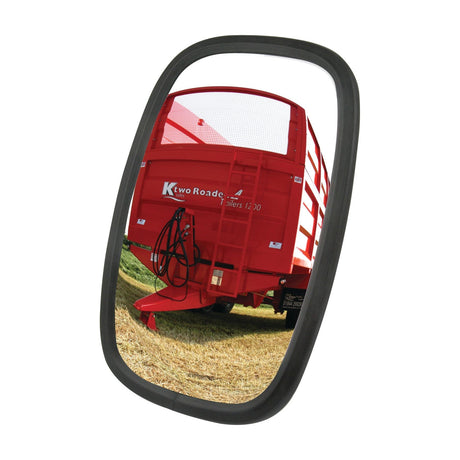 A Sparex Mirror Head - Rectangular, Convex, 198 x 130mm (S.6217), reflects the image of a red trailer with Ktwo Roadeo branding parked on grass.