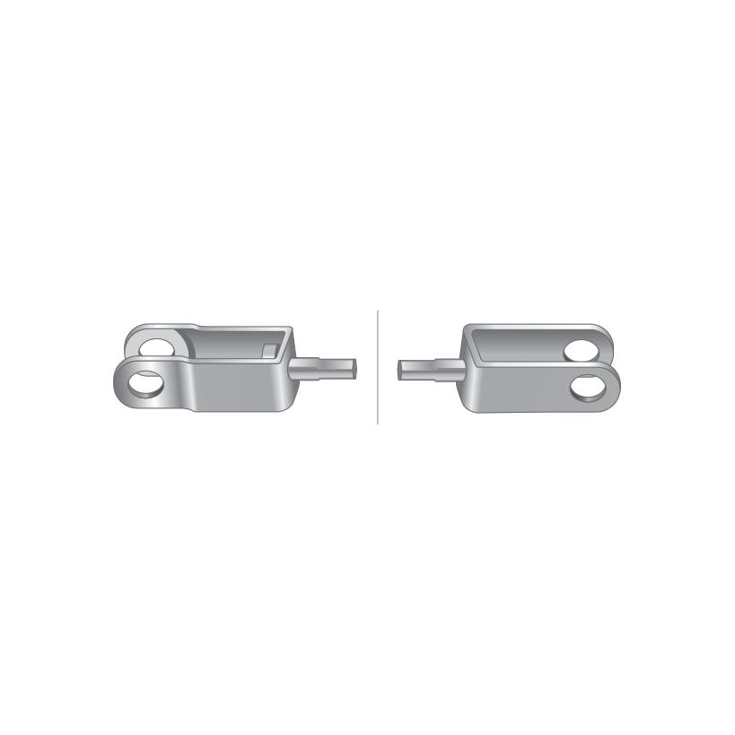 Two views of a metallic mechanical component featuring a protruding pin and two holes, possibly from the Sparex Clutch Cable (Part No. S.62194), measuring 430mm in length with an outer cable length of 185mm; likely employed for connecting or pivoting purposes, potentially within a Fiat 580 clutch cable assembly.