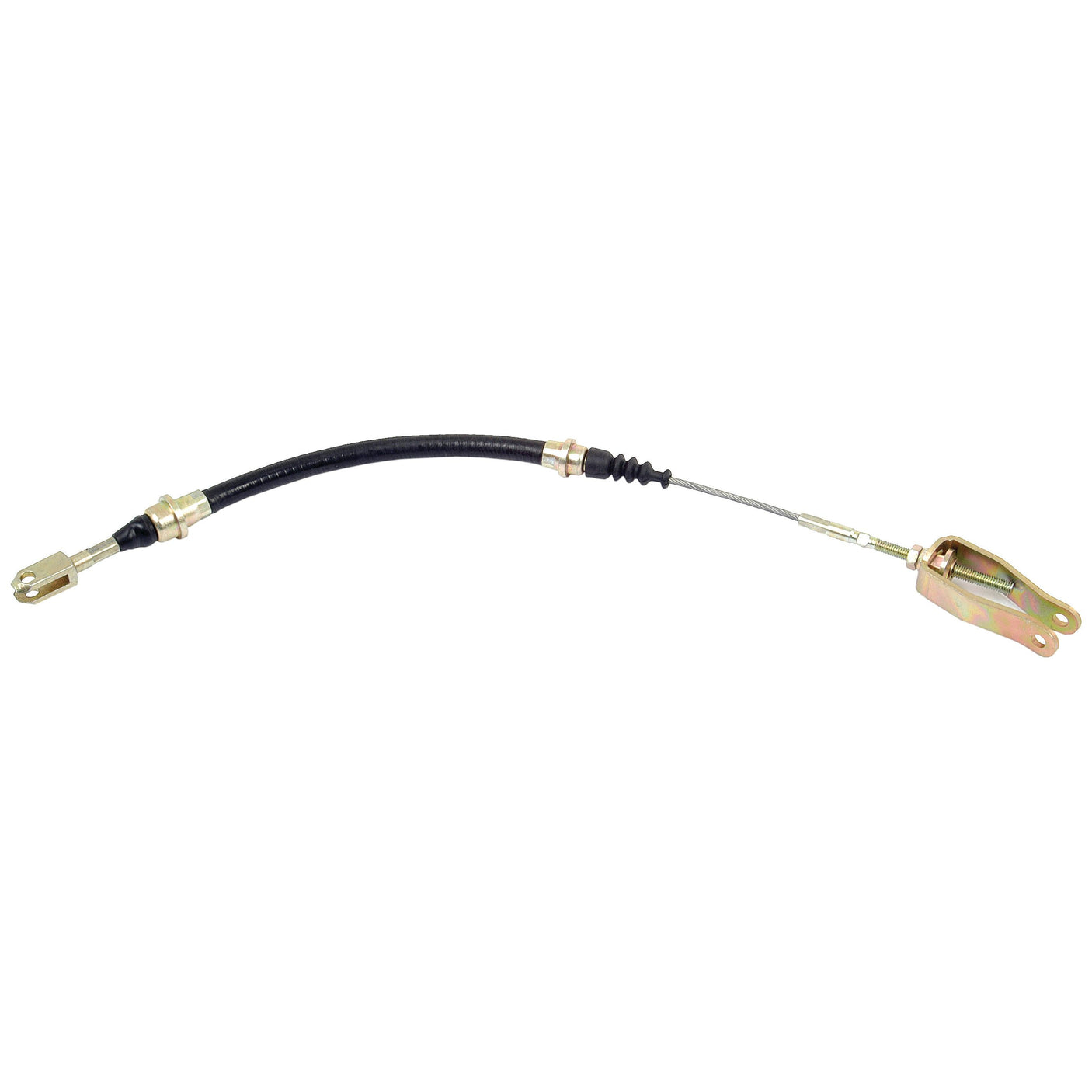 The Sparex Clutch Cable (Part No. S.62195) is 432mm in length, with an outer cable length of 280mm, featuring a metal loop on one end and a metal bracket on the other, designed specifically for the Fiat 580. It includes a flexible black sheath around part of its outer cable length.