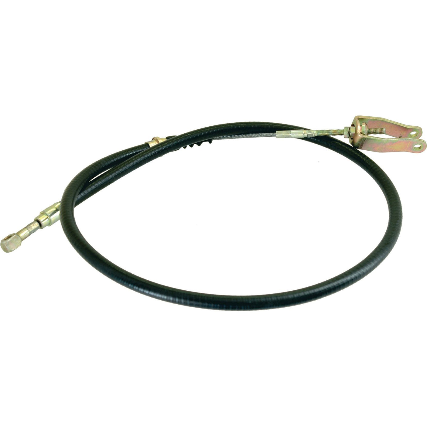 A coiled black metal PTO cable, part number S.62197 by Sparex, with a length of 1150mm and an outer cable length of 900mm, features connectors on both ends; one side has a threaded tip and the other a two-pronged metal clamp. It is compatible with Fiat tractors and available through Sparex.