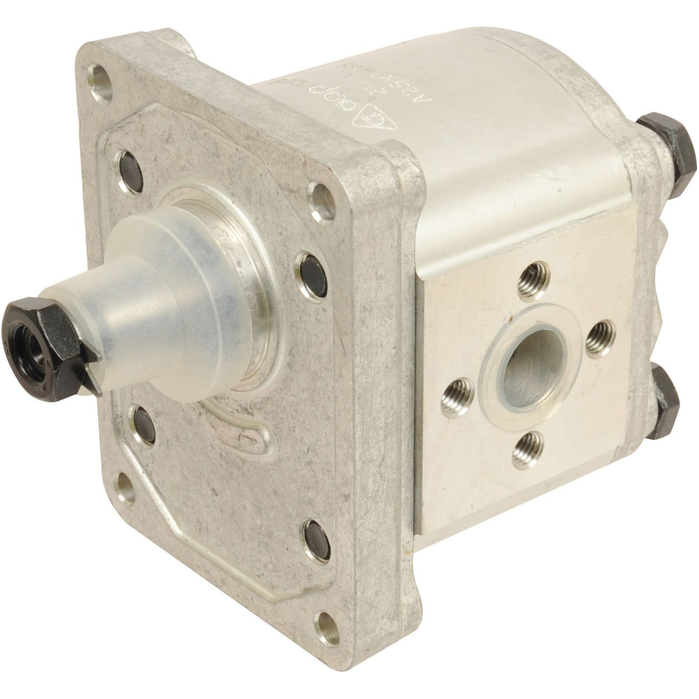 The Sparex Single Hydraulic Pump - S.62213 is a metal hydraulic gear pump featuring a rectangular mounting plate with four bolt holes and a central shaft protruding from the front. It has a cylindrical body with several connection ports and includes detailed diagram specifications for easy installation.