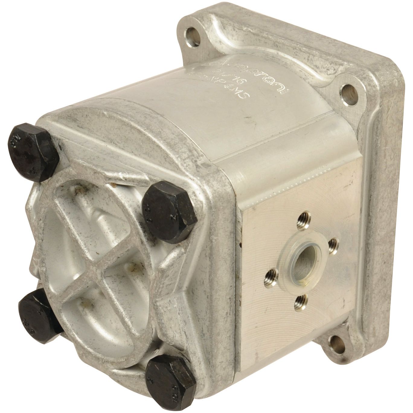 Close-up of a Sparex Single Hydraulic Pump - S.62213 with four black bolts and a central hole on one side. The pump features a square, robust design, ideal for demanding applications.