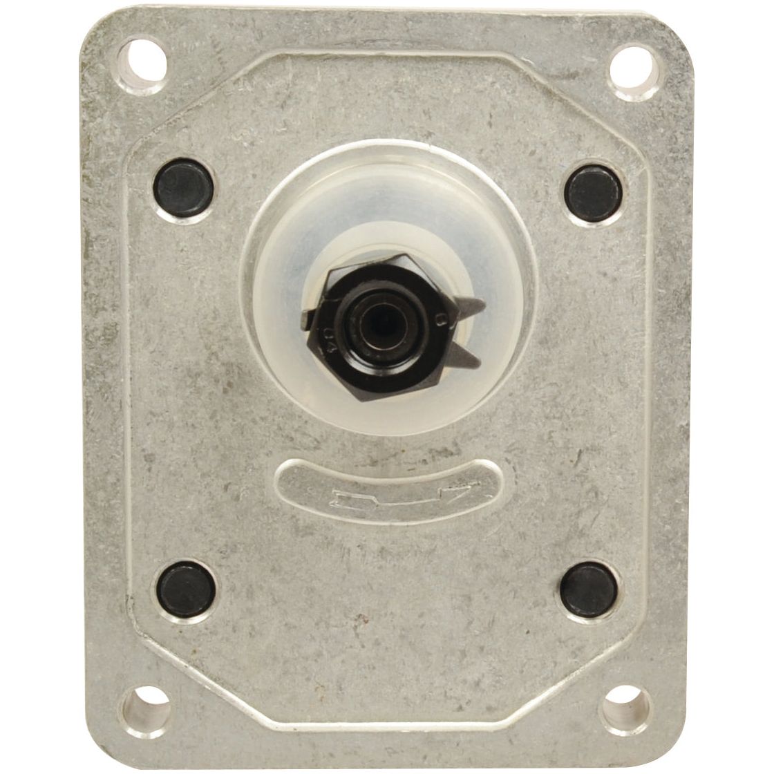 Rectangular metal faceplate, fitted with four corner screws, features a central black knob surrounded by a transparent circular component. Perfect for integration with the Sparex Single Hydraulic Pump - S.62213 or when precise diagram specifications need to be met.