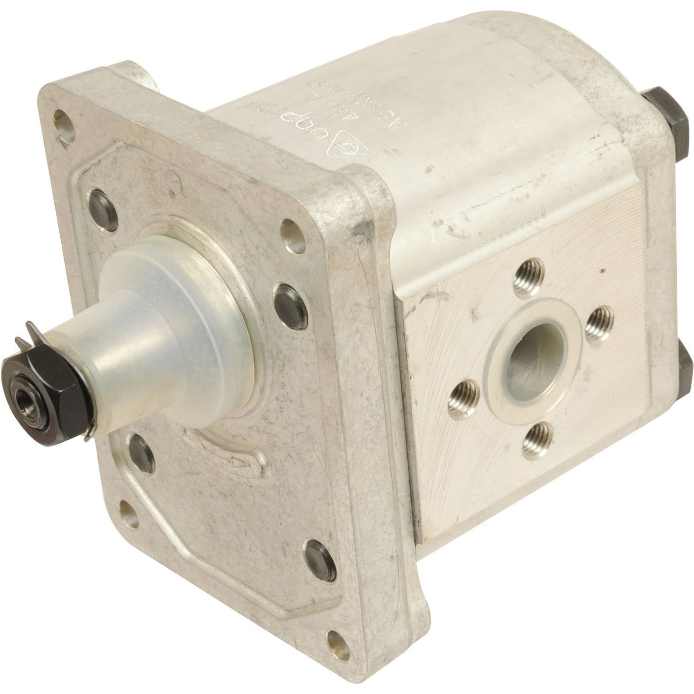 The Single Hydraulic Pump (model S.62214) by Sparex is a metallic hydraulic gear pump designed with visible mounting holes, a cylindrical protrusion on one side, and a round central inlet/outlet. This pump is ideal for use with Case IH equipment, offering reliable performance for your agricultural machines.