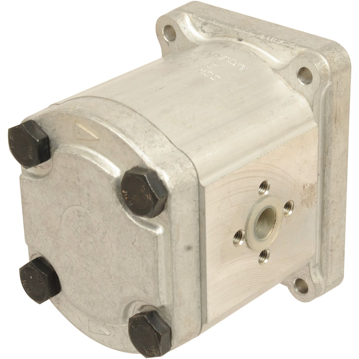 Image of a Sparex Single Hydraulic Pump (S.62214), featuring a metallic design with a rectangular mounting flange and four black bolts on the corners, compatible with Case IH machinery as a reliable single pump component.