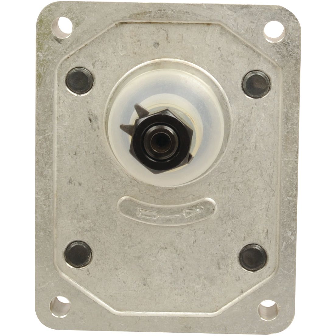 The Single Hydraulic Pump, S.62214 by Sparex, is a rectangular metallic component featuring screw holes at each corner and a central circular ridge containing a black hexagonal screw, compatible with Case IH machinery.