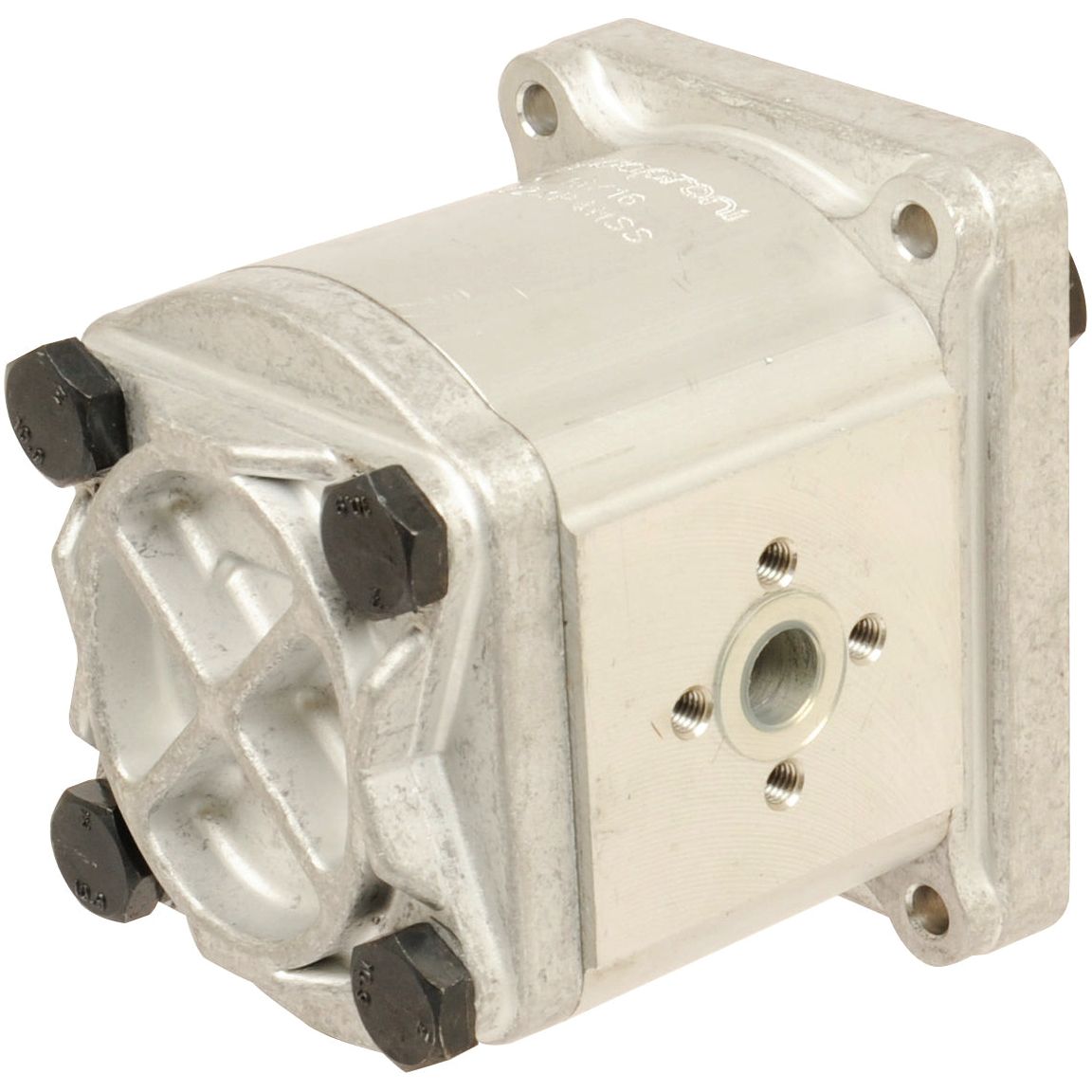 Close-up of the Sparex Single Hydraulic Pump (S.62215) with a square base, featuring multiple bolt holes and a central circular opening. The pump, suitable for Case IH, has a silver finish and black bolts.