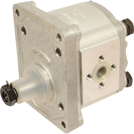 A close-up of a metallic Single Hydraulic Pump - S.62216 by Sparex, an alternative to 170570, showcasing multiple bolt holes and a protruding shaft. The Sparex pump is light gray with a shiny finish.