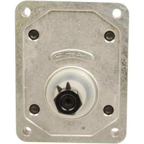 A Sparex Single Hydraulic Pump - S.62216 featuring a metallic rectangular mounting plate with four screw holes and a central raised plastic component with a hexagonal opening, serves as an alternative to 170570.