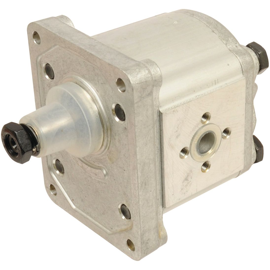 Close-up image of a Sparex Single Hydraulic Pump (S.62217) suitable for Allis Chalmers, featuring multiple mounting holes and a protruding central shaft designed for clockwise rotation.