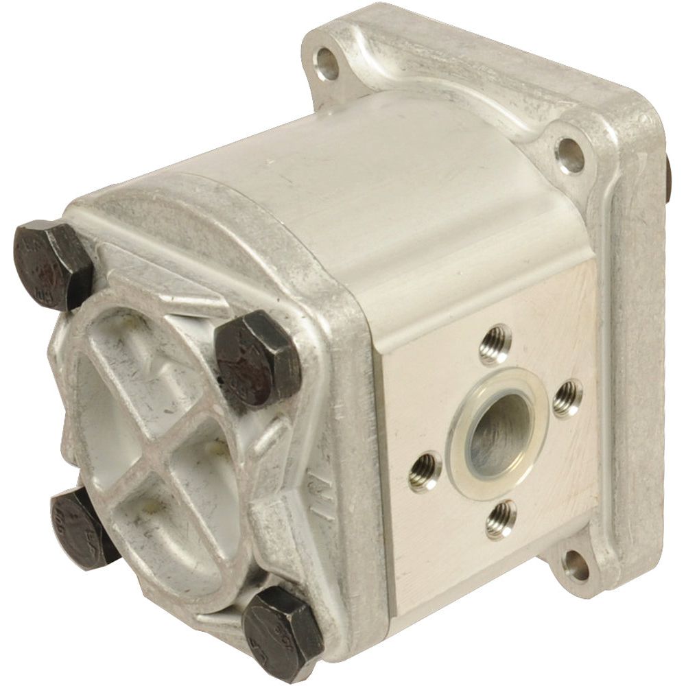 The Single Hydraulic Pump (S.62217) by Sparex is a metal hydraulic gear pump designed with a square mounting plate, four black bolts, and a central inlet port, featuring clockwise rotation. It is suitable for Allis Chalmers machinery.