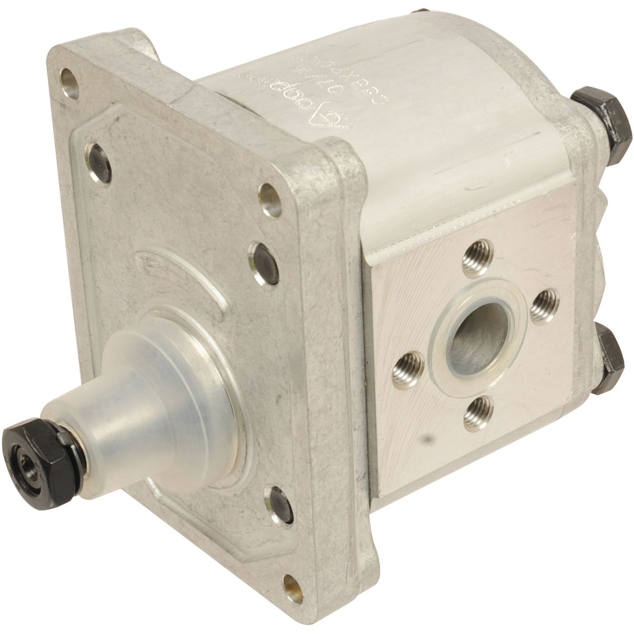 A Sparex Single Hydraulic Pump (S.62218) with a cubic design, featuring four bolt holes on the front and side, as well as a cylindrical protrusion.