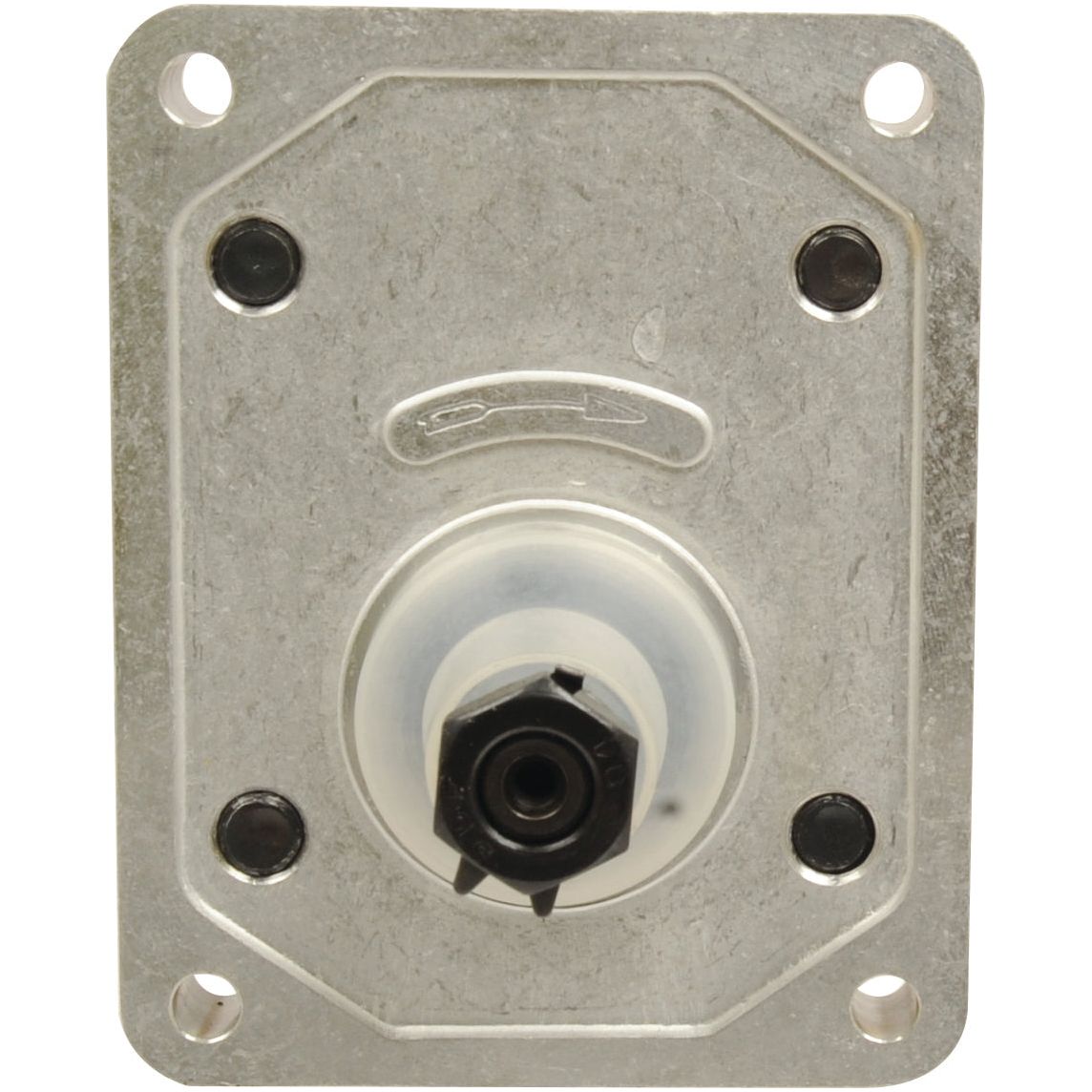 Close-up view of a metallic mechanical component from the Single Hydraulic Pump - S.62218 by Sparex, featuring a central hexagonal bolt and multiple surrounding screws, set on a rectangular plate with rounded corners, commonly included in a Single Pump repair kit.