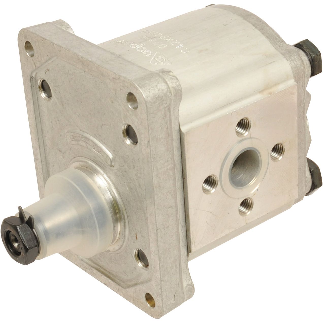 The Sparex Single Hydraulic Pump - S.62219 features a rectangular mounting flange, a cylindrical body, and a protruding shaft end covered by a protective cap. Various bolts and connecting points are visible.