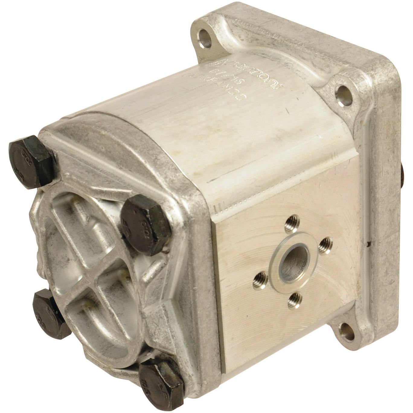 Close-up of the Sparex Single Hydraulic Pump - S.62219, featuring a square mounting flange, four black bolts on the front, and a central circular opening. The body has a shiny finish with some engraved text on top.