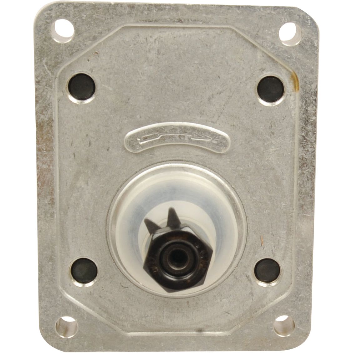 Metal plate with a central cylindrical component and four screw holes at the corners, often used in the Sparex Single Hydraulic Pump - S.62219 systems.